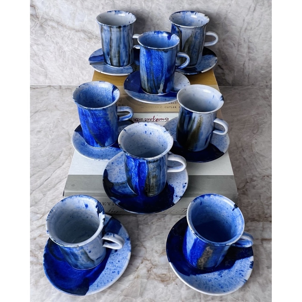 Signed Studio Pottery Espresso Set 8 Cups 8 Saucers Cobalt Blue Handmade